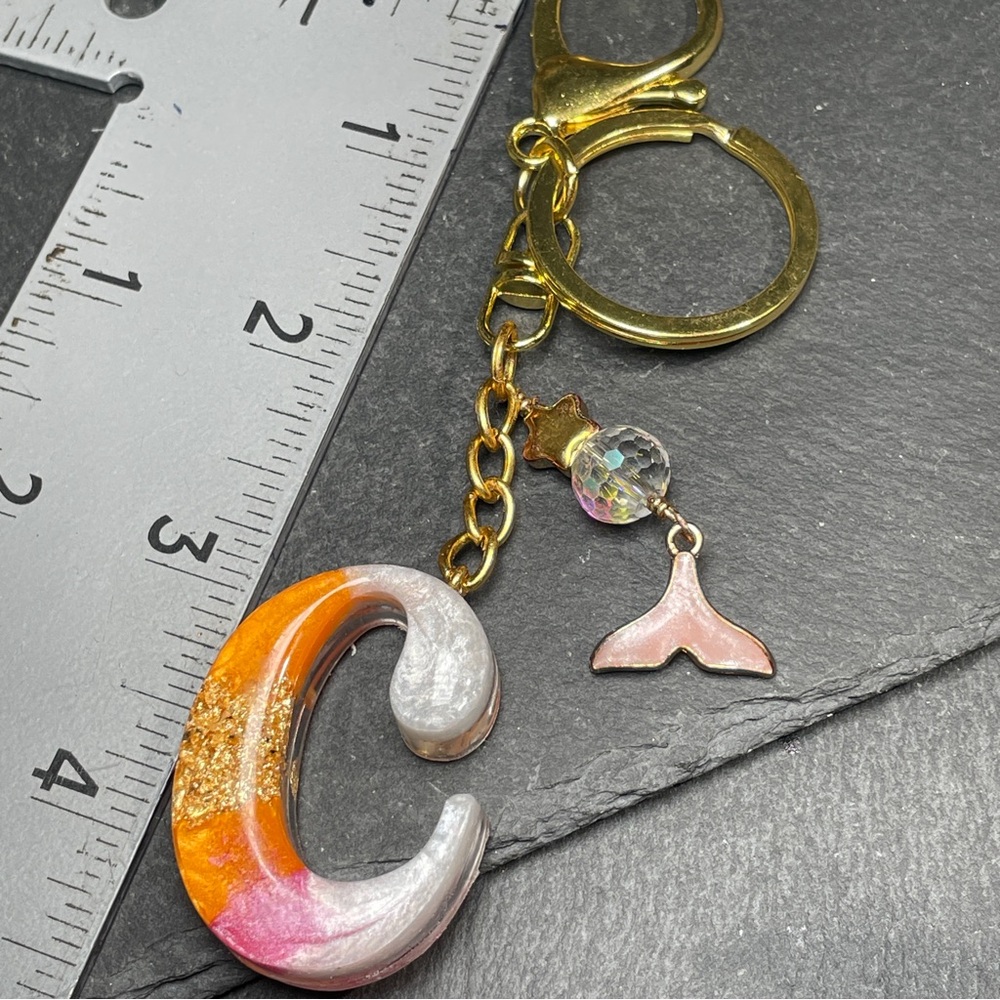 Custom Orange, Pink and Cream Letter “C” Keychain With Gold Foil Inlay - Picture 4 of 7